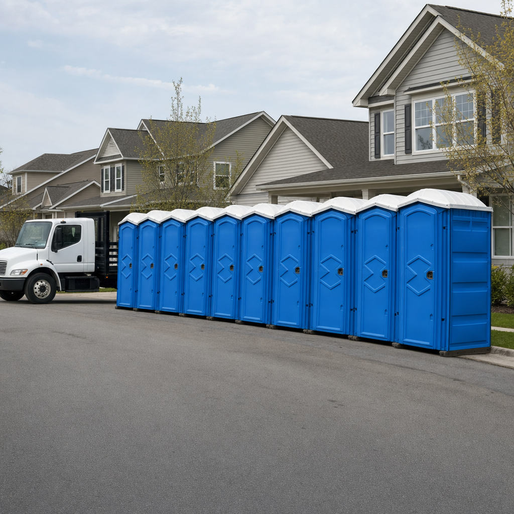 Royal blue portable toilets staged in a tidy row at a Louisville jobsite, ready for delivery